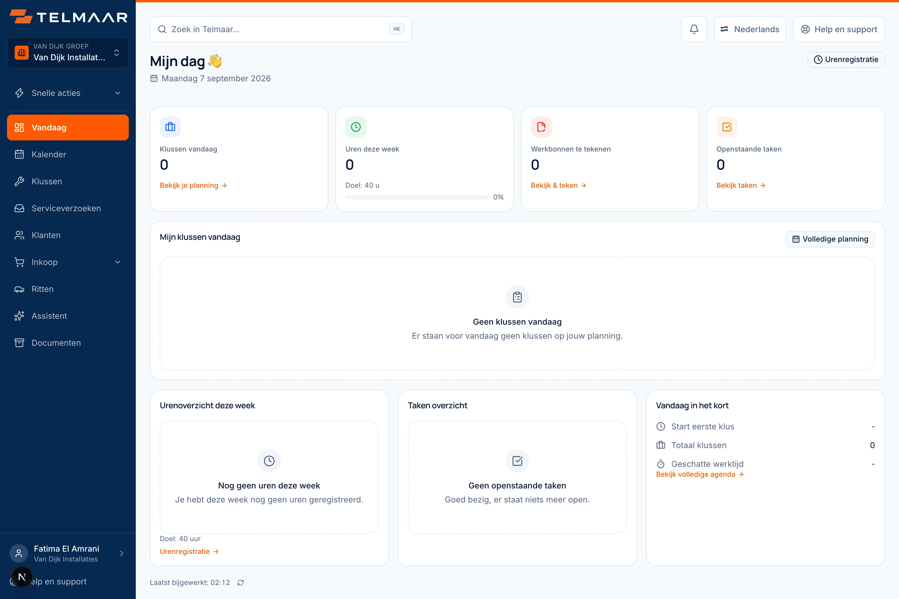 Startscherm van de medewerker met de klussen van vandaag, de uren van deze week en openstaande taken.