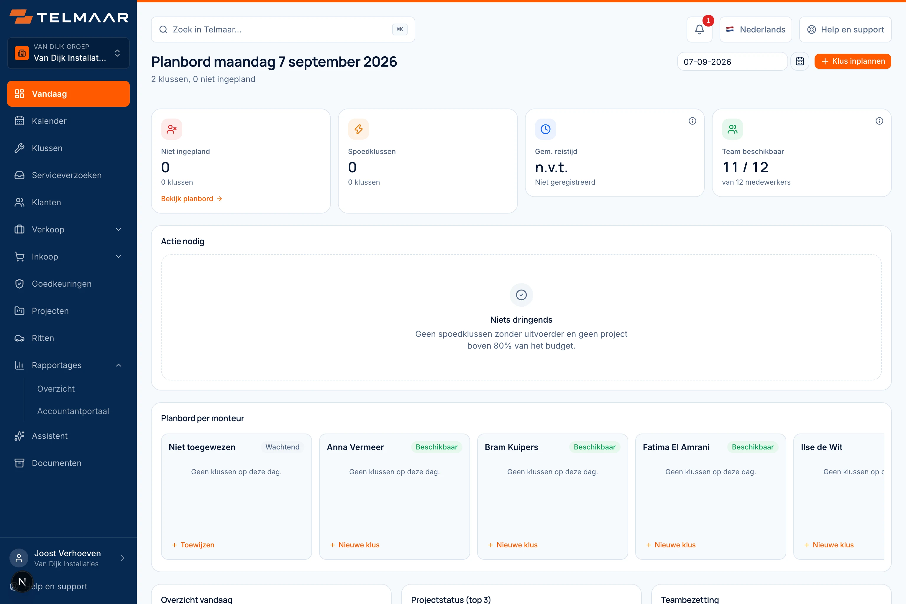 Startscherm van de projectmanager met lopende projecten, bezetting en uren tegen budget.