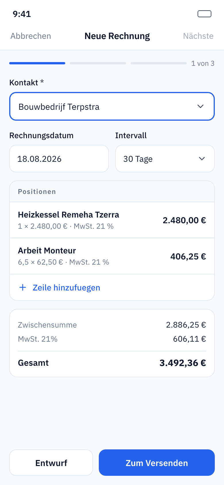 Neue Rechnung mit Positionen und Summen