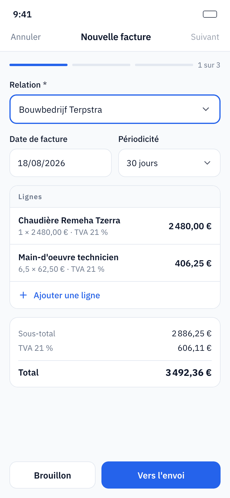 Nouvelle facture avec lignes et totaux