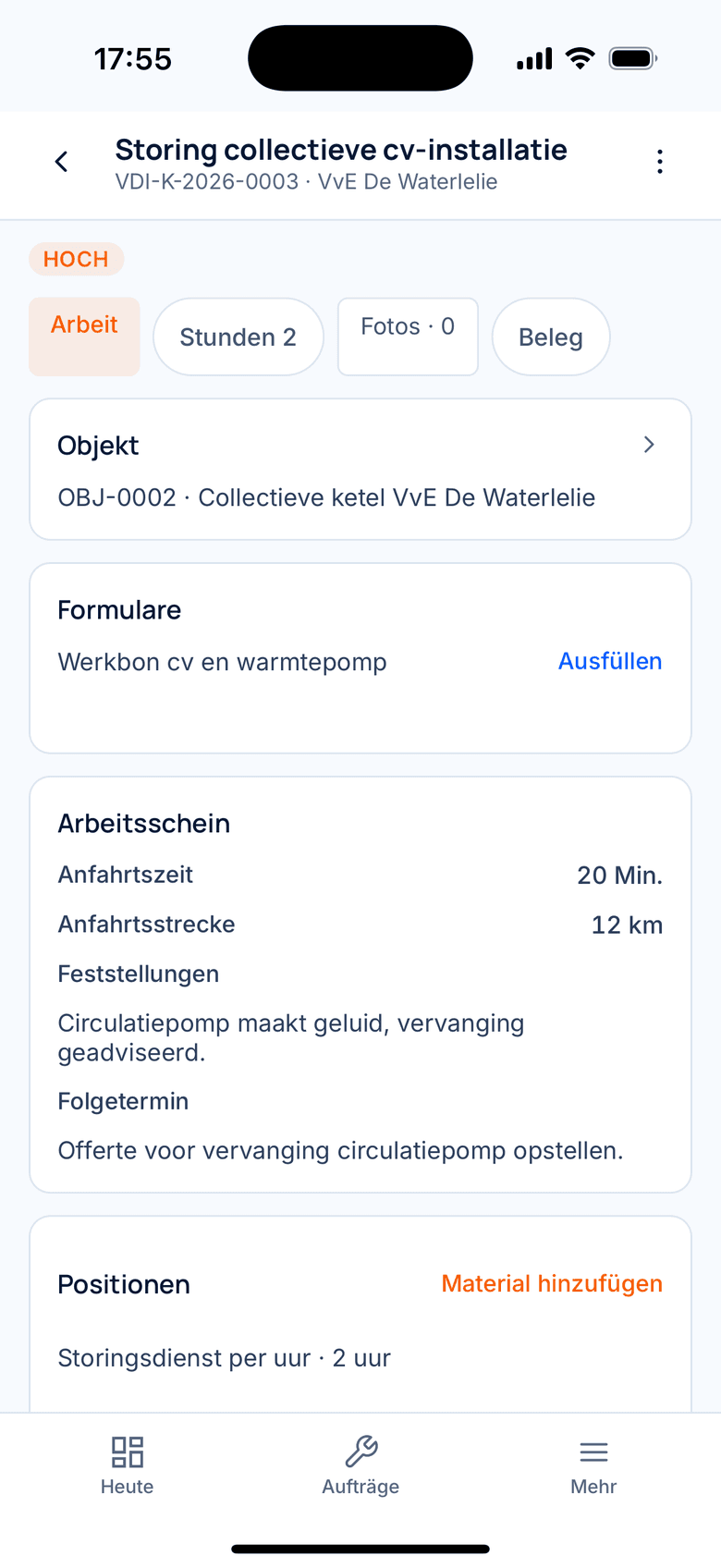 Auftragsdetail mit Adresse, Stunden und Material
