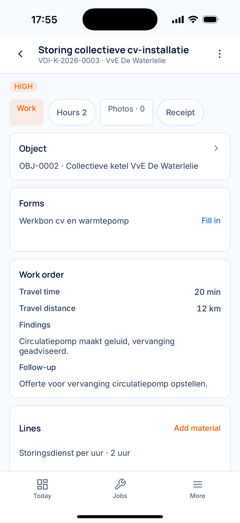 Job detail with address, hours and materials