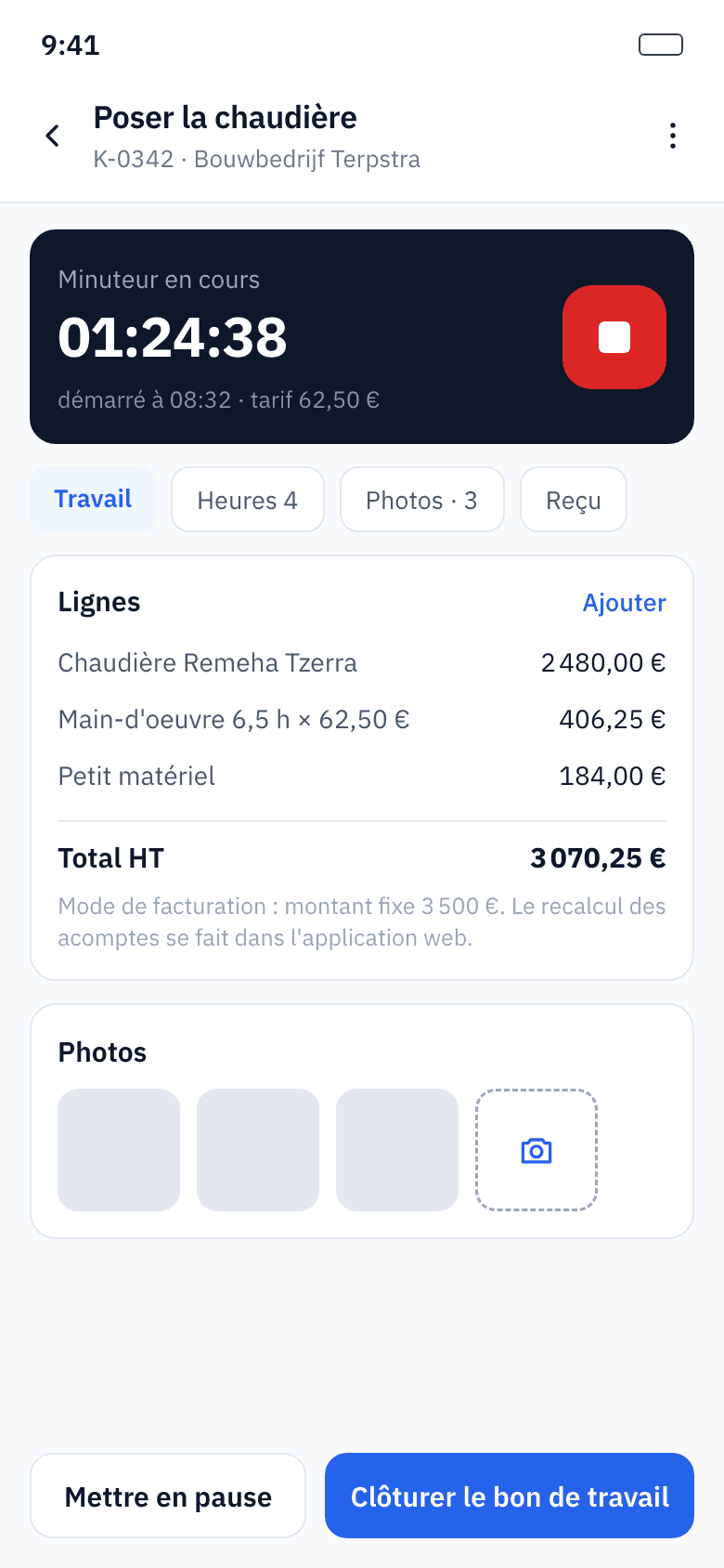 Fiche chantier avec adresse, heures et matériel