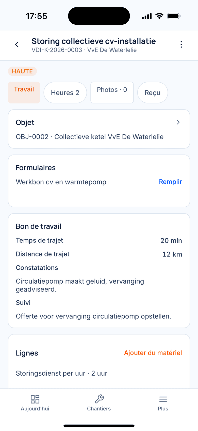 Fiche chantier avec adresse, heures et matériel