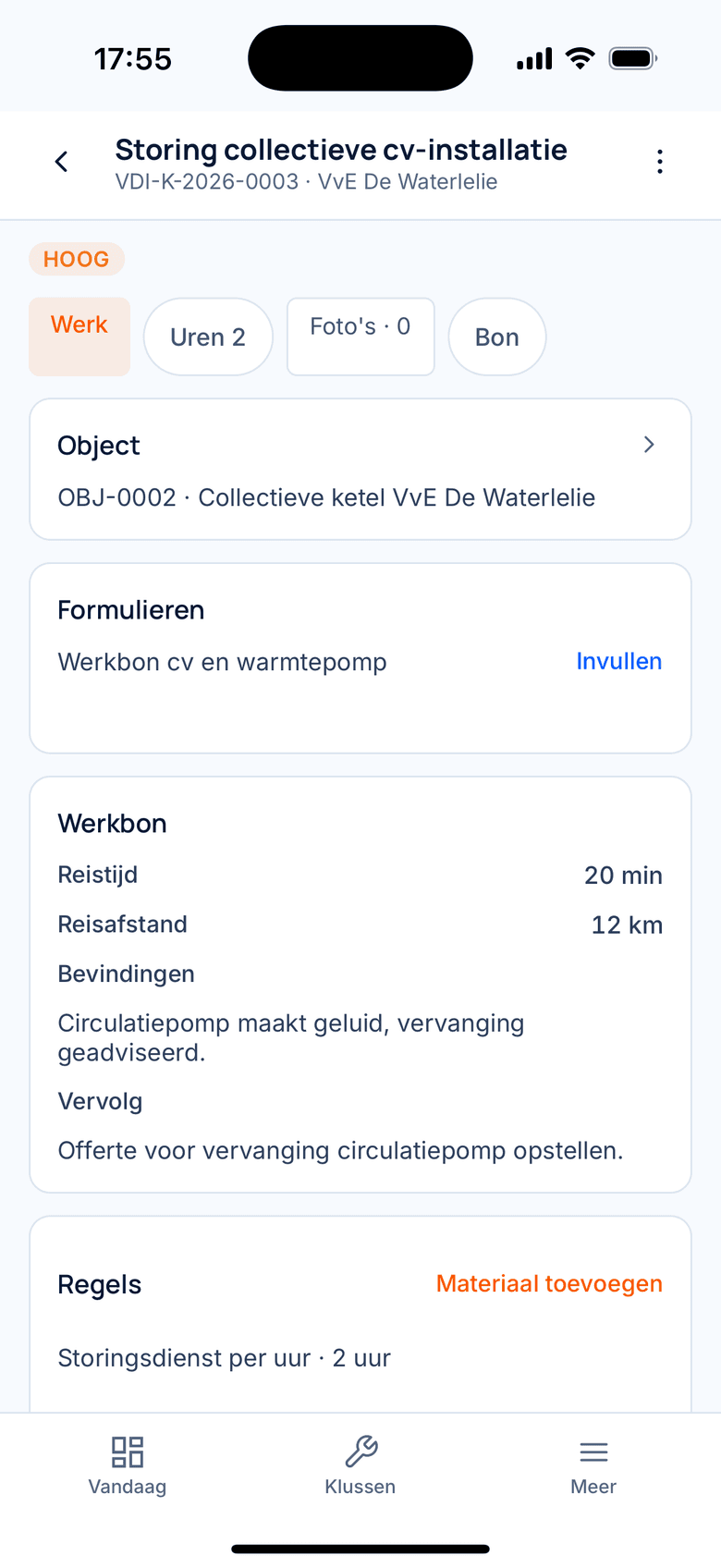 Klusdetail met adres, uren en materiaal