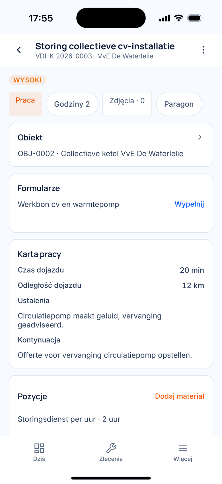 Szczegóły zlecenia z adresem, godzinami i materiałami