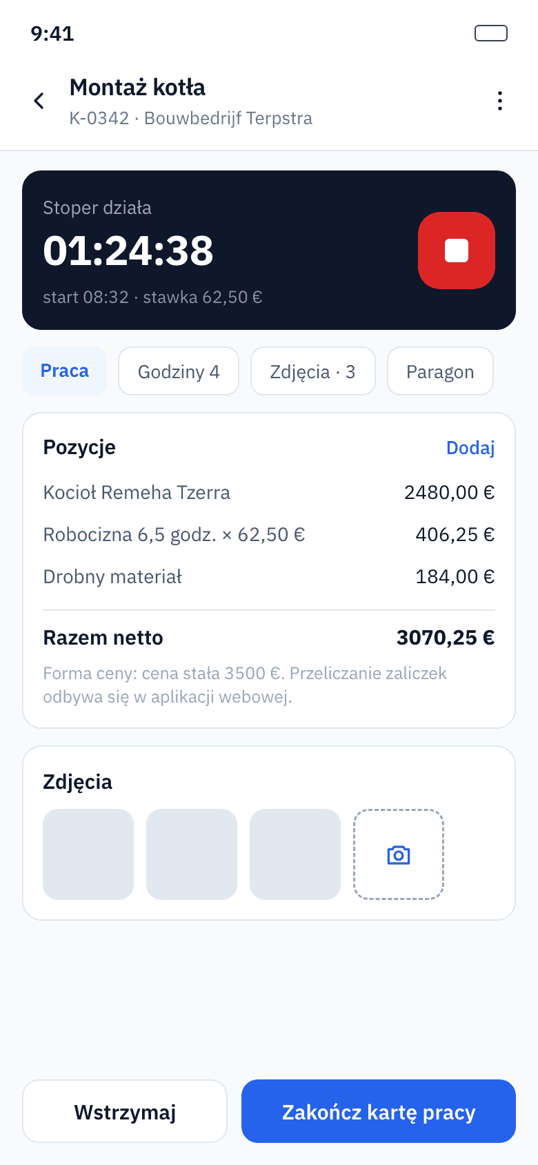 Szczegóły zlecenia z adresem, godzinami i materiałami