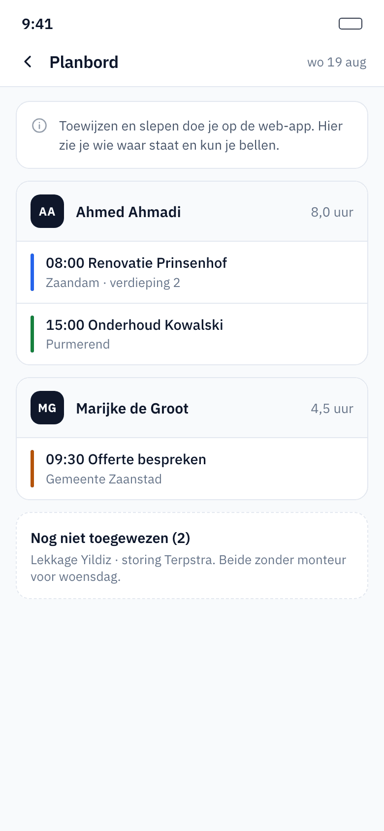 Planbord met monteurs en klussen per dag