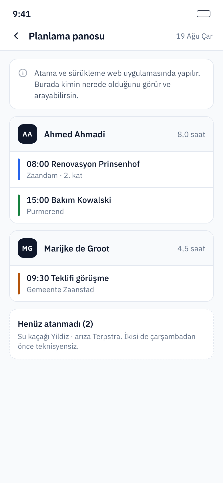 Teknisyenler ve günlük işlerle planlama panosu