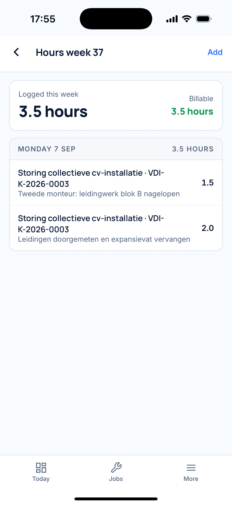 Weekly hours overview with the hours logged per day