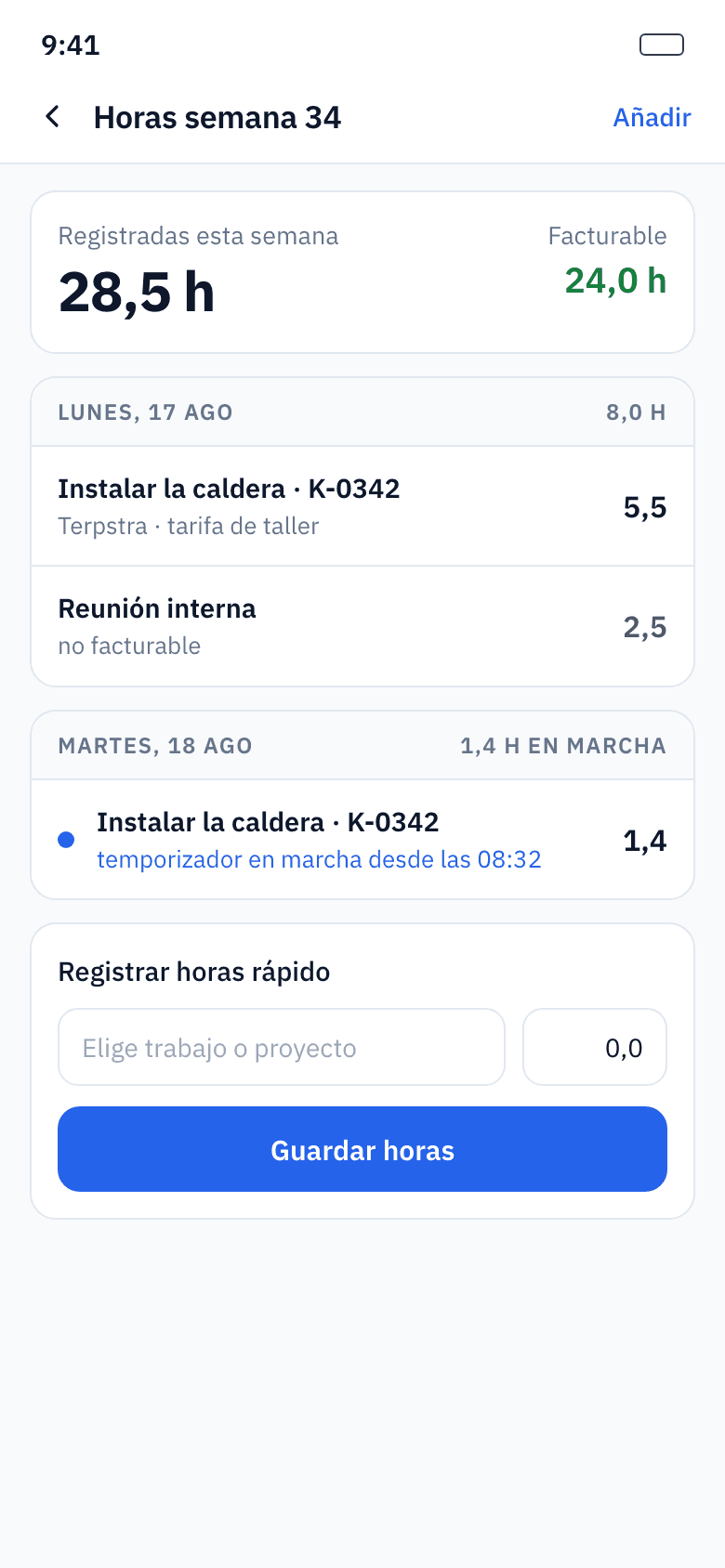 Registro de horas con cronómetro y desplazamientos
