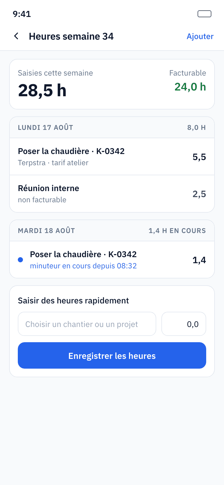 Suivi des heures avec minuteur et trajets