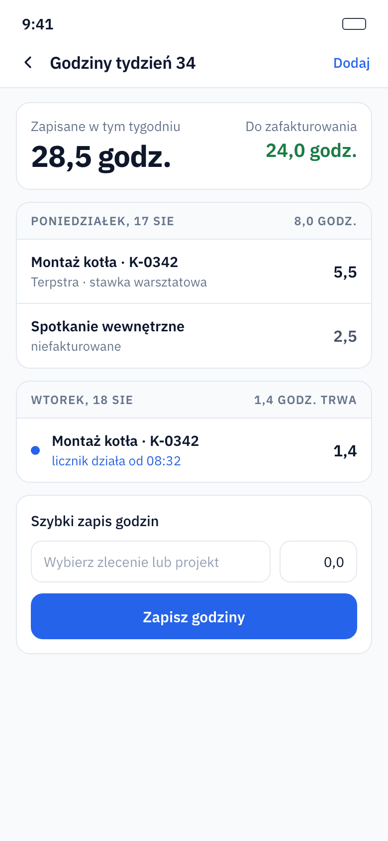 Rejestracja godzin ze stoperem i dojazdami