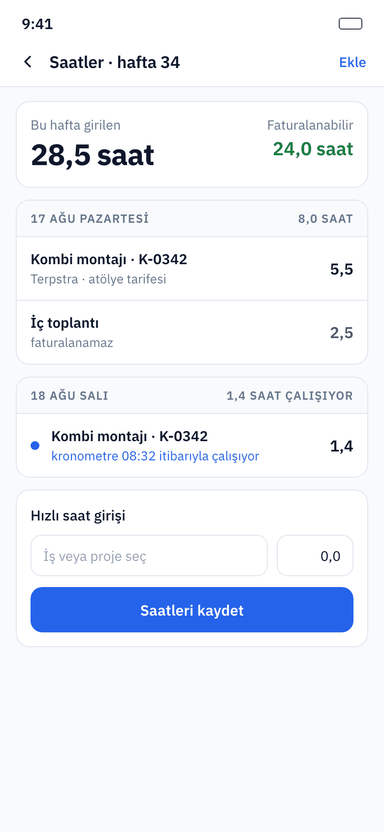 Kronometre ve yol kayıtlarıyla saat takibi