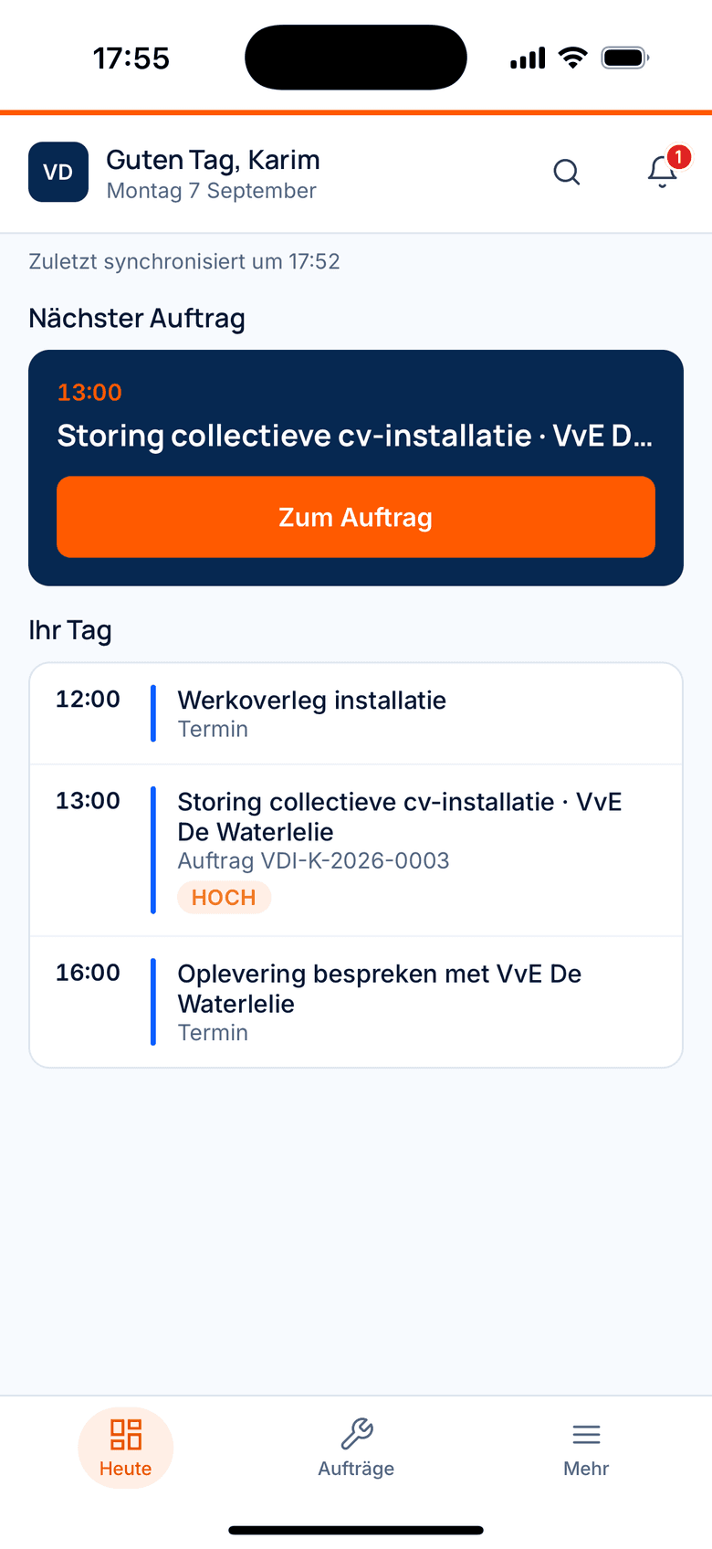Startbildschirm der App: offene Beträge, Hinweise und der heutige Terminplan
