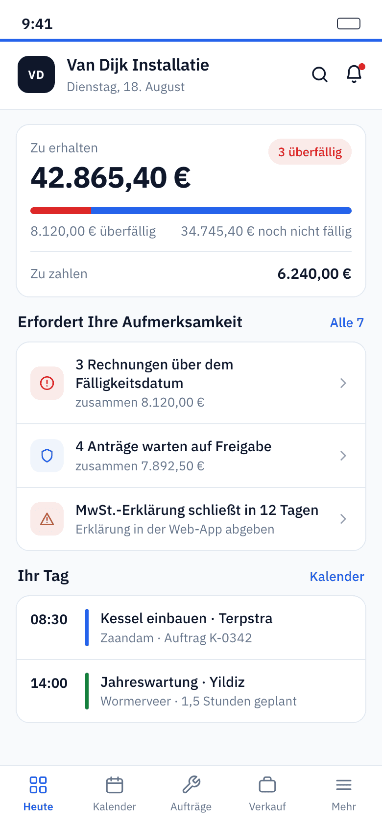 Startbildschirm der App: offene Beträge, Hinweise und der heutige Terminplan