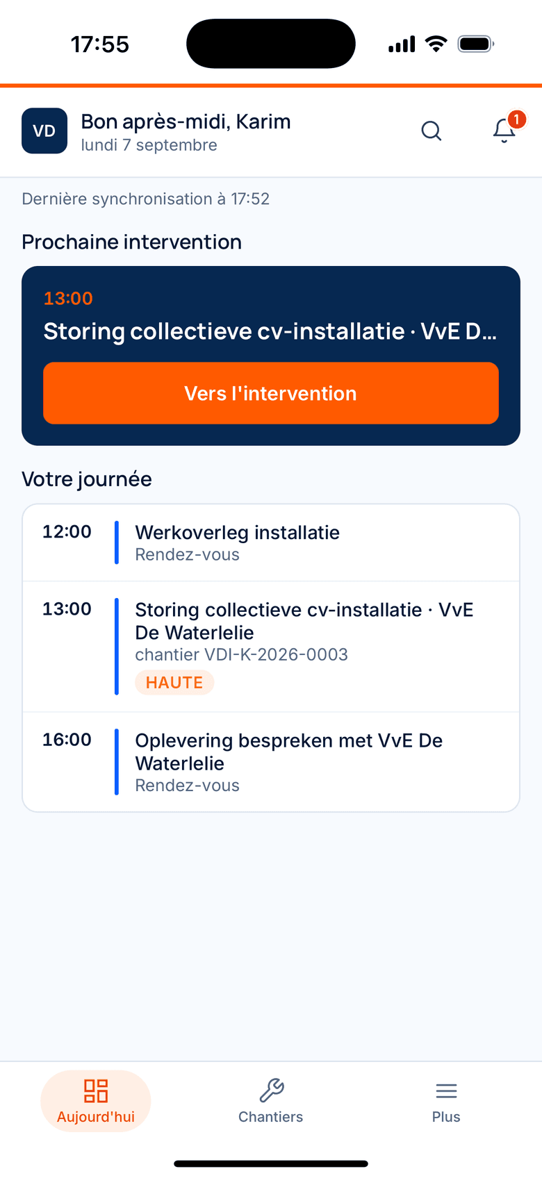 Écran d'accueil de l'application : montants en cours, alertes et planning du jour