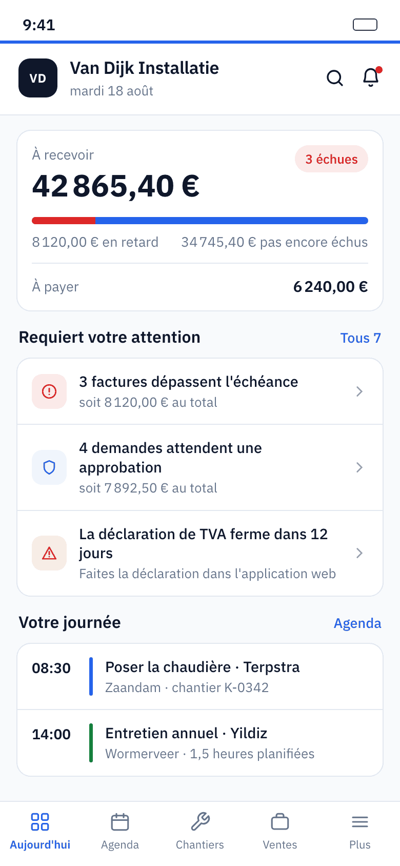 Écran d'accueil de l'application : montants en cours, alertes et planning du jour