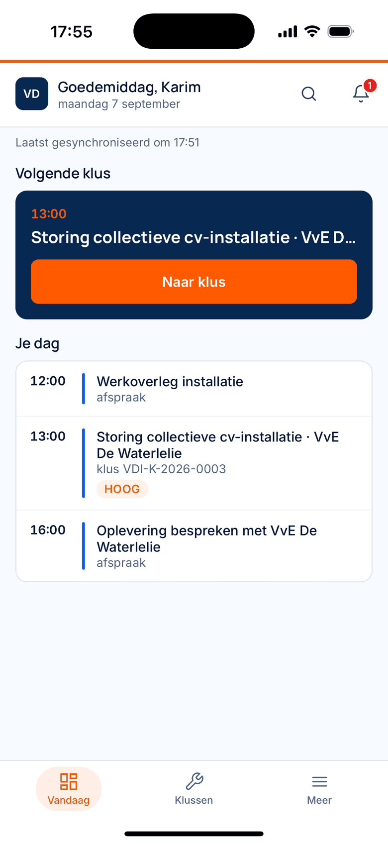 Beginscherm van de app: openstaande bedragen, signalen en de agenda van vandaag