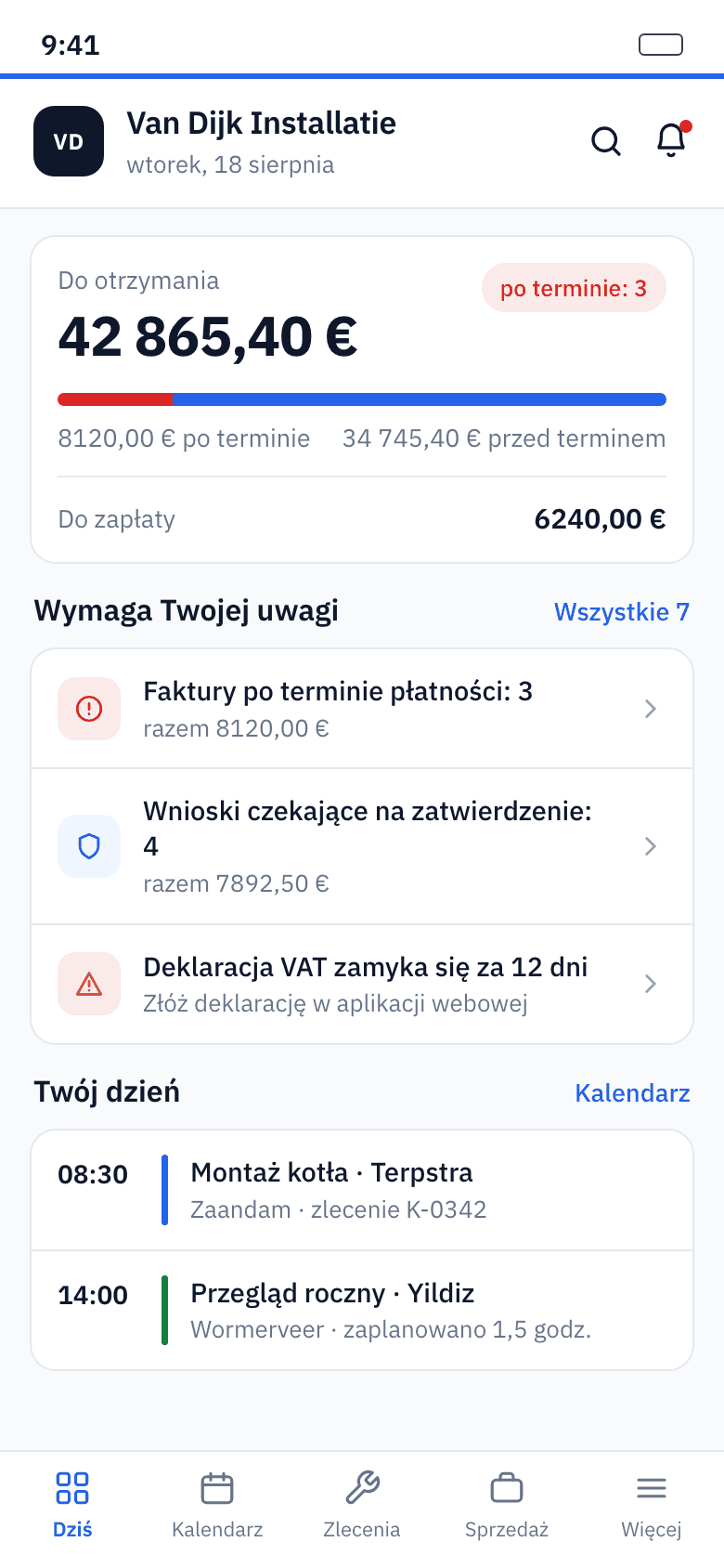 Ekran główny aplikacji: nierozliczone kwoty, alerty i dzisiejszy harmonogram