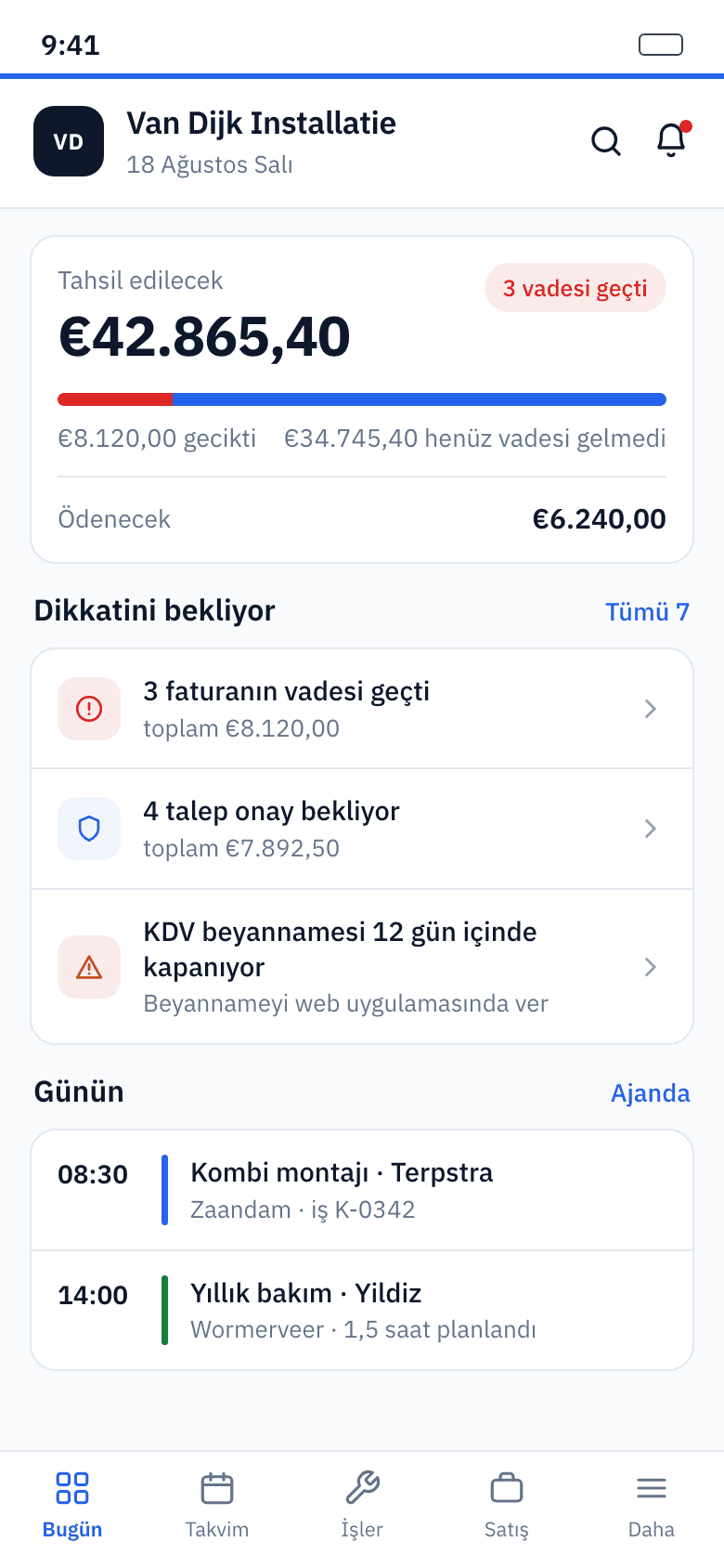 Uygulamanın ana ekranı: açık tutarlar, uyarılar ve bugünün programı