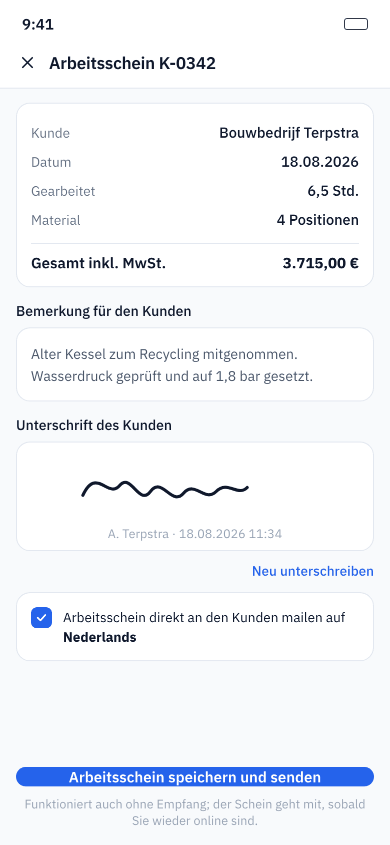 Arbeitsschein mit Unterschrift des Kunden