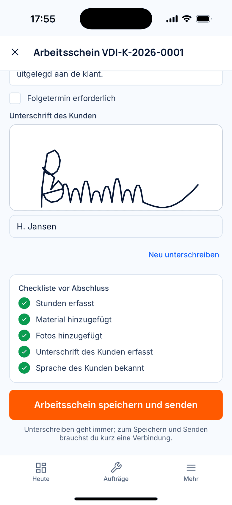 Arbeitsschein mit Unterschrift des Kunden