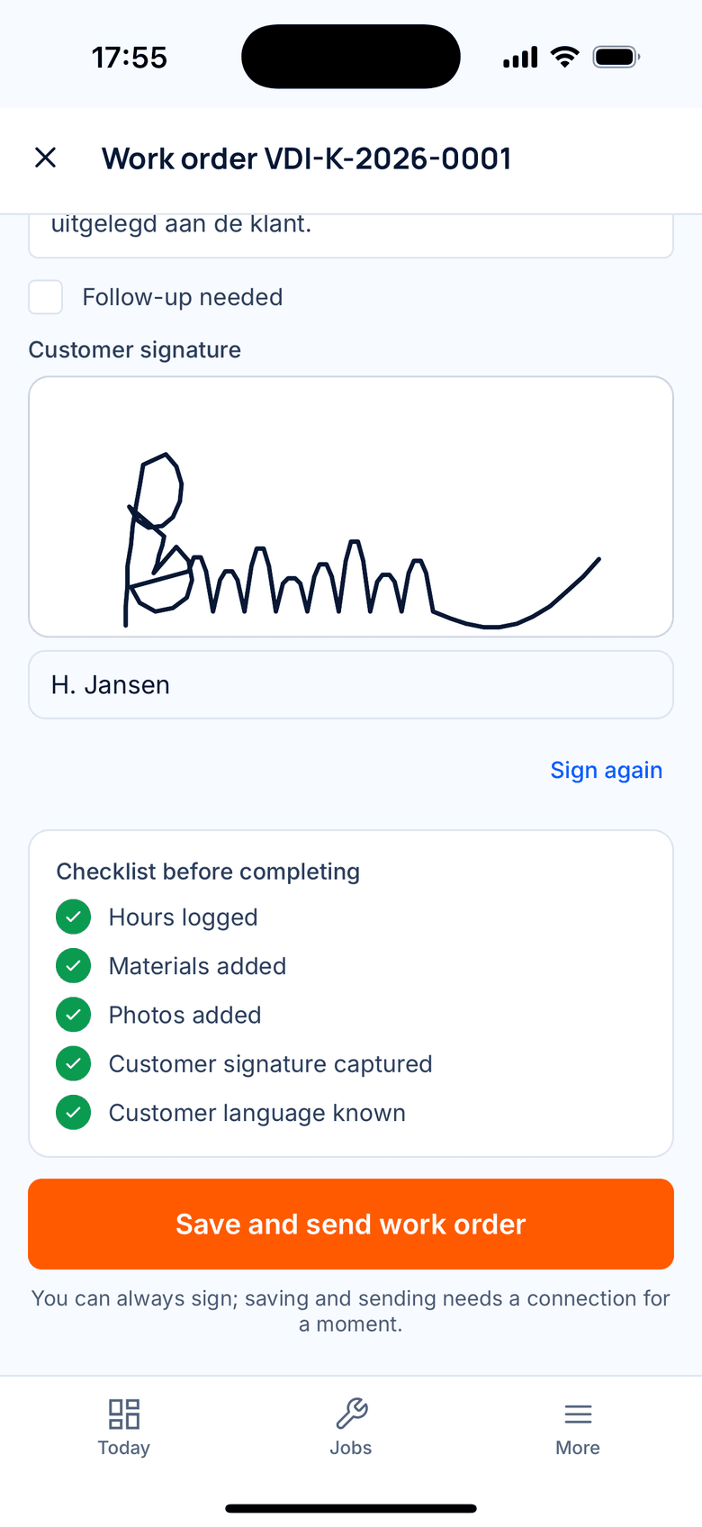 Job sheet with the customer signature