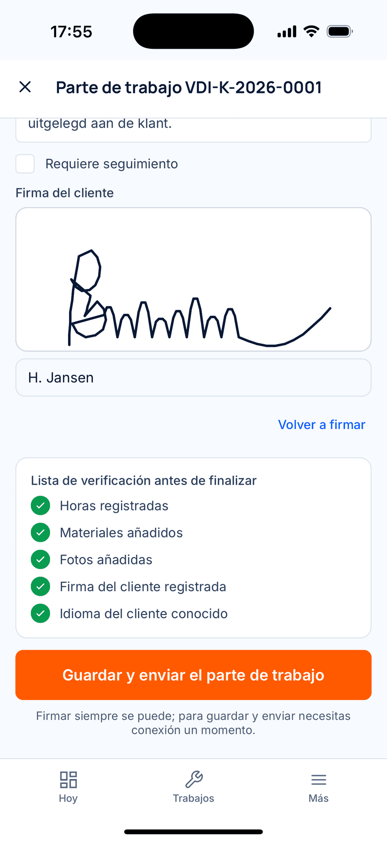 Parte de trabajo con la firma del cliente