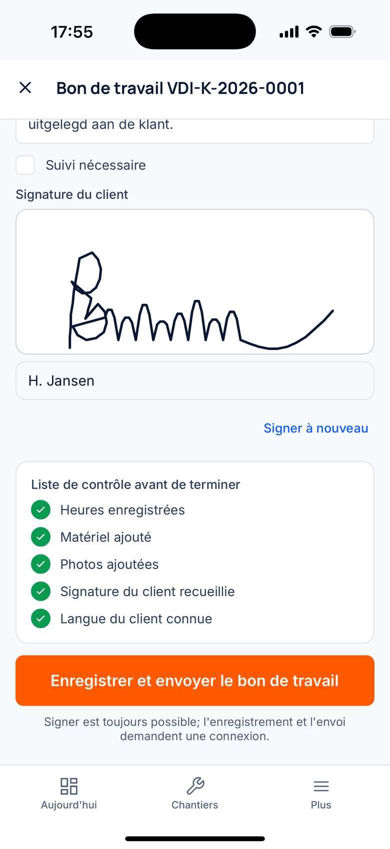 Bon de travail avec la signature du client