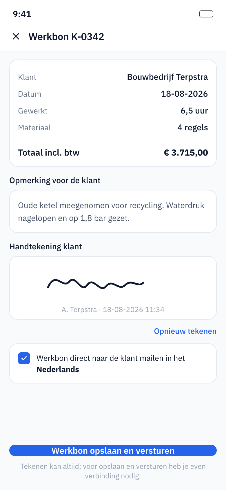 Werkbon met handtekening van de klant
