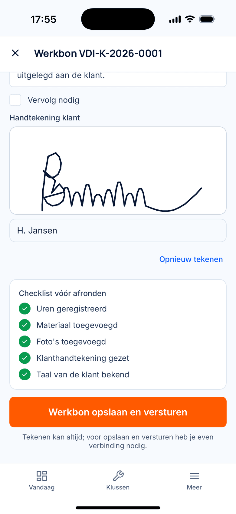 Werkbon met handtekening van de klant