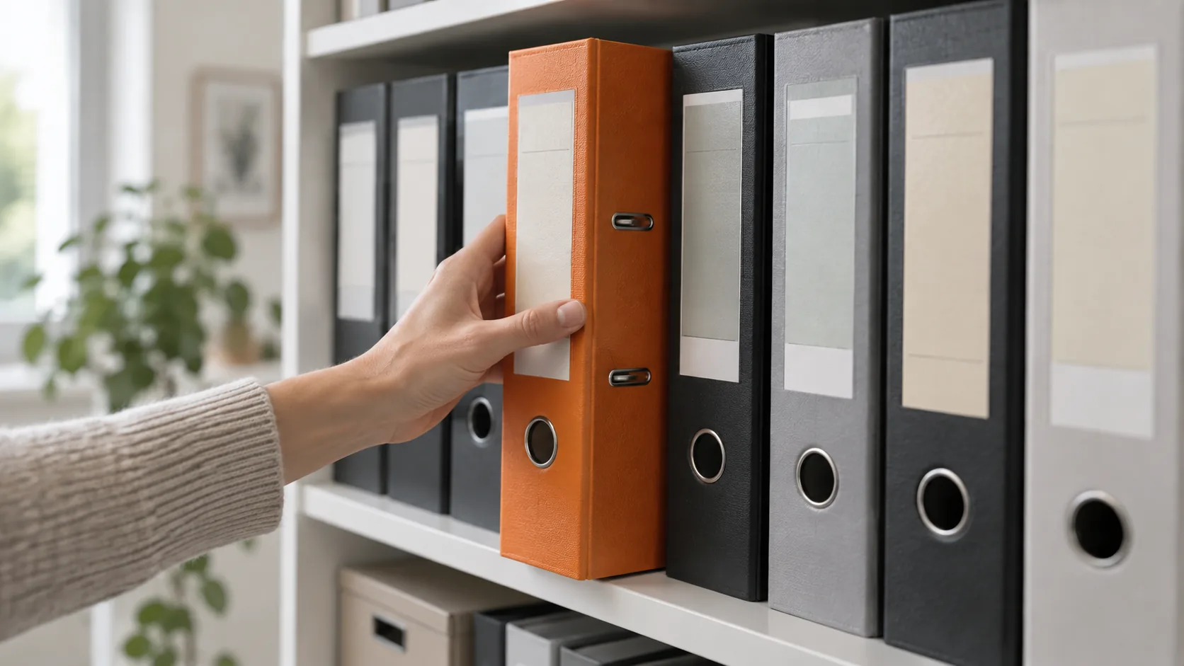Een hand trekt een oranje ordner uit een rij grijze ordners op een archiefplank.