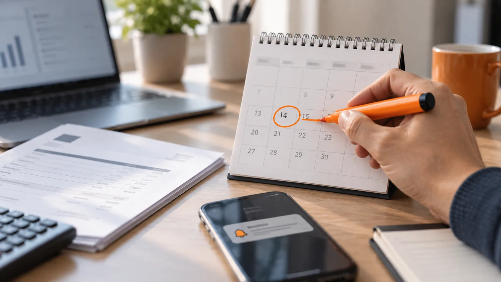 Een hand omcirkelt met een oranje stift een datum op een bureaukalender, naast een factuur en een telefoon met een melding.