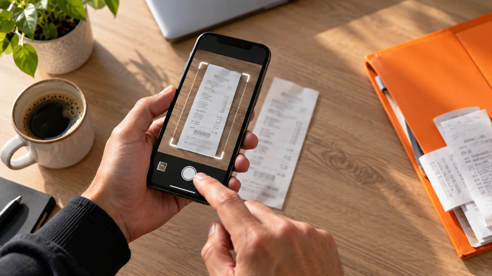 Een telefoon wordt boven een kassabon gehouden; op het scherm staat diezelfde bon binnen een oplichtend kader. Ernaast een oranje map met nog meer bonnen.