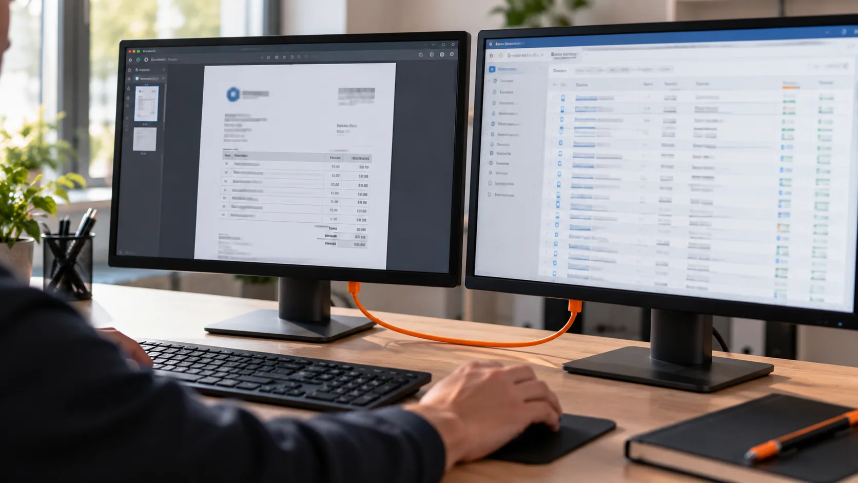 Twee beeldschermen op een bureau: op het linker staat een factuur als document, op het rechter staan dezelfde gegevens als regels in een boekhoudprogramma, en tussen de twee schermen loopt een oranje kabel.