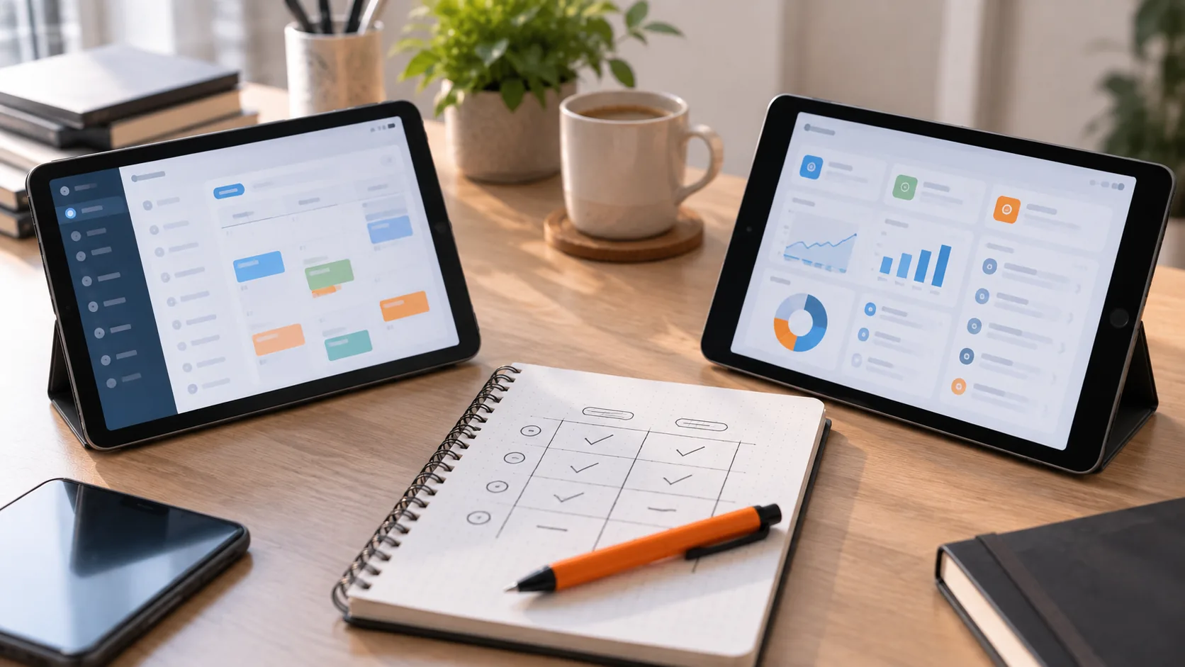 Twee tablets naast elkaar met verschillende schermen, ervoor een blocnote met een handgeschreven vergelijkingsraster en een oranje pen.