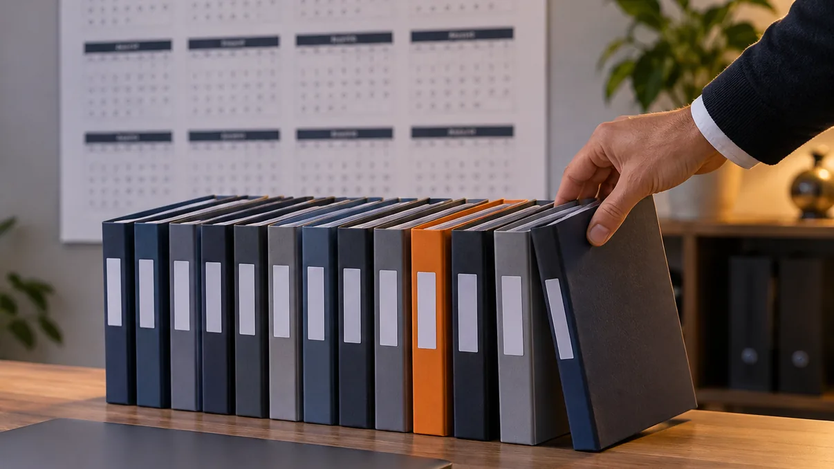 Twaalf ordners staan op een rij op een bureau, één ervan oranje; een hand zet de laatste op zijn plek. Op de achtergrond een jaarkalender.