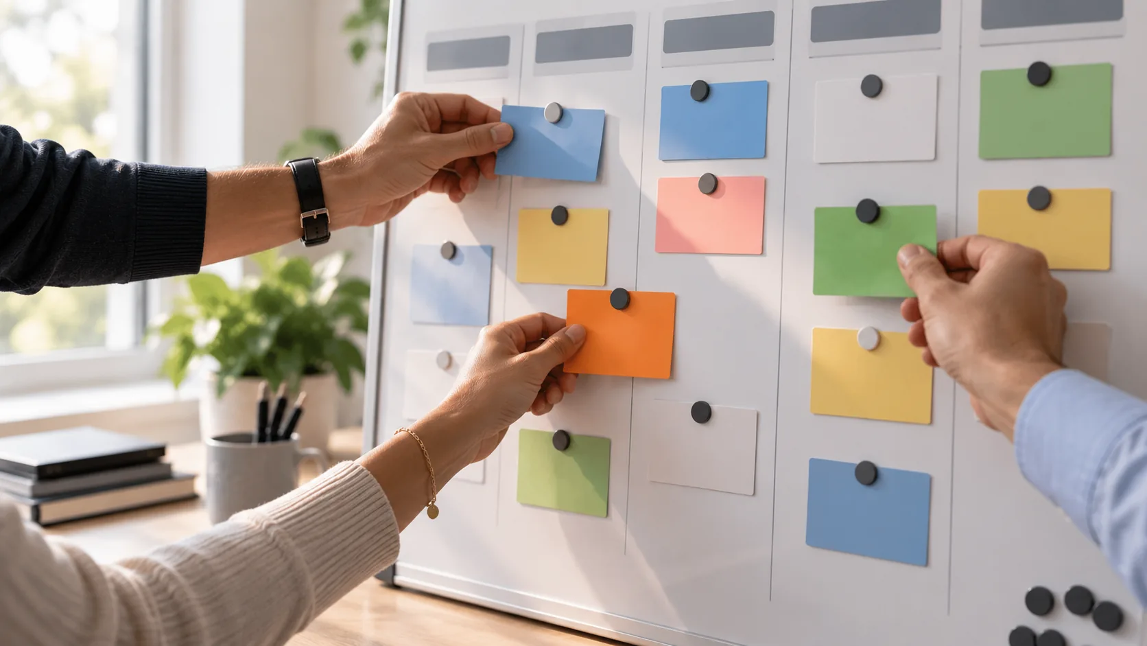 Drie handen verplaatsen tegelijk gekleurde kaartjes op een magneetbord met een weekplanning.