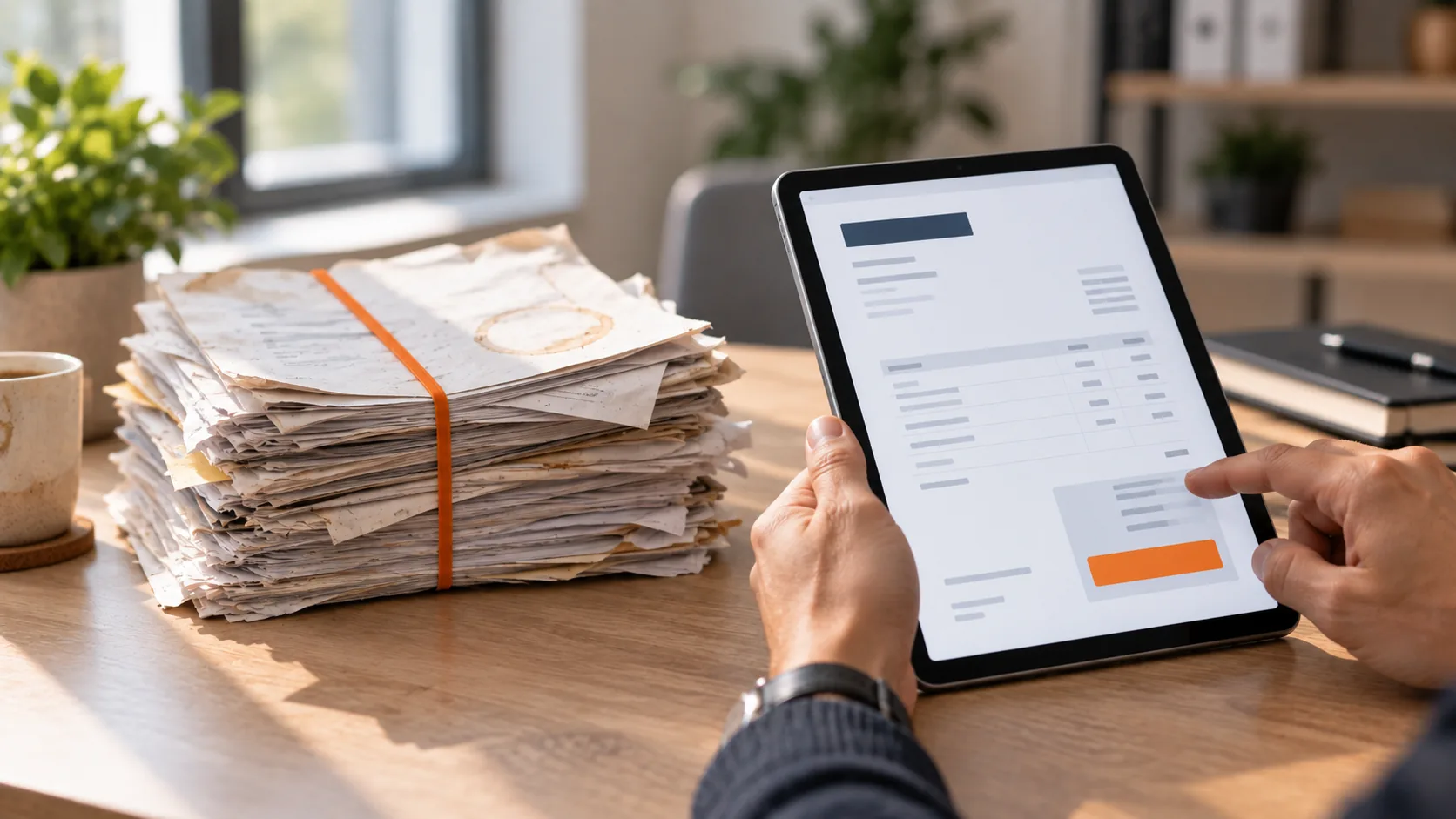 Naast een dikke stapel papieren offertes met een oranje elastiek eromheen houdt een hand een tablet met een strakke offerte vast.