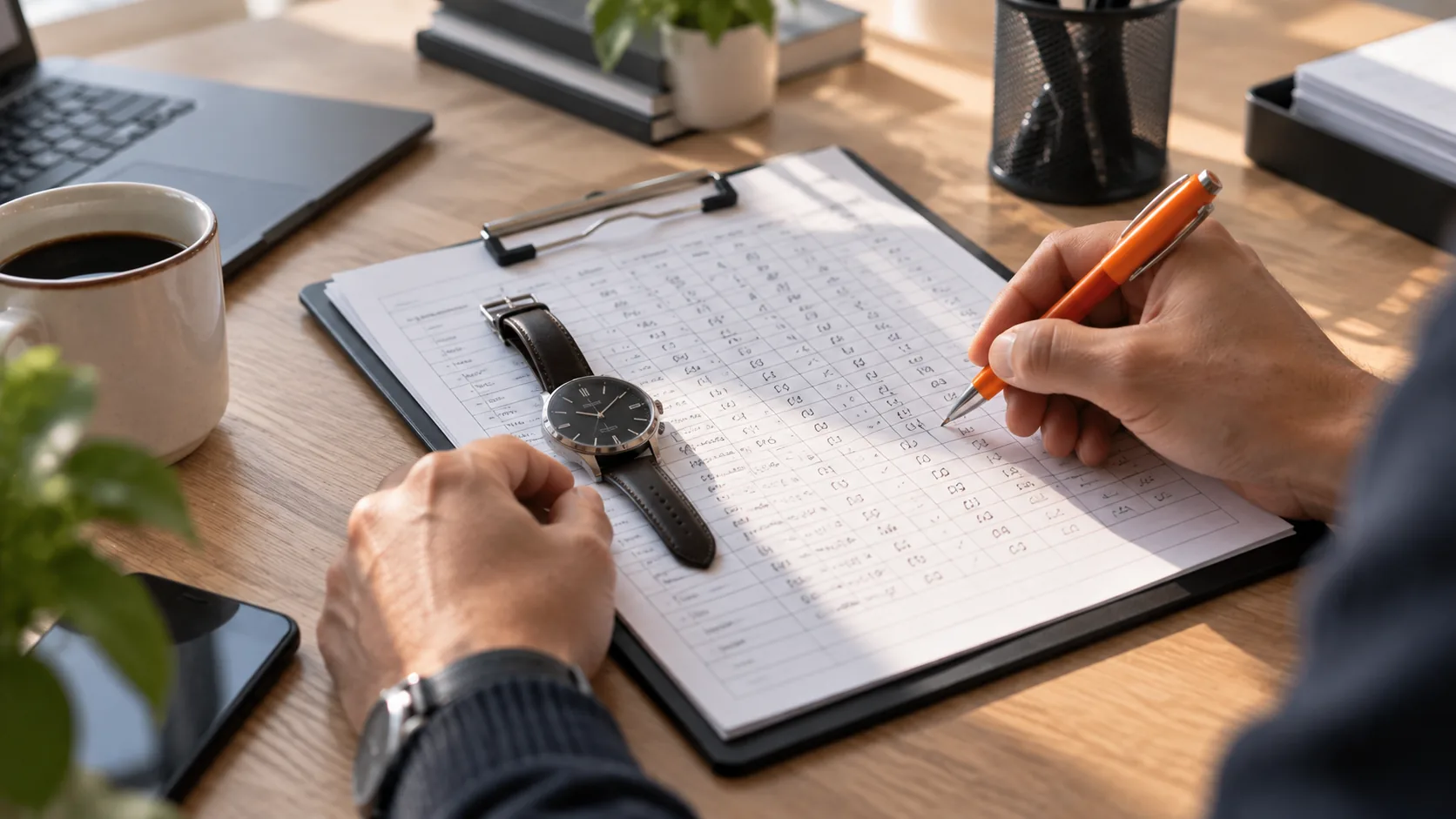 Een hand schrijft met een oranje pen een regel bij op een urenstaat op een klembord; er ligt een horloge op.
