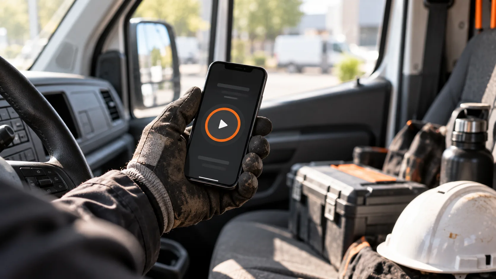 Een hand met een werkhandschoen houdt in een bedrijfsbus een telefoon vast met een grote oranje startknop op het scherm.