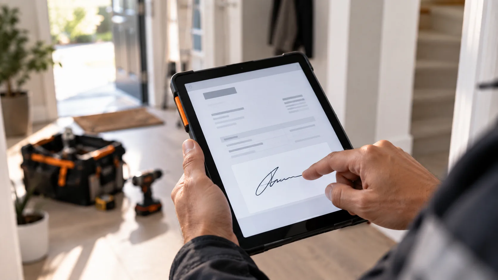 Een vinger zet een handtekening op een tablet, in een hal met gereedschap op de vloer.