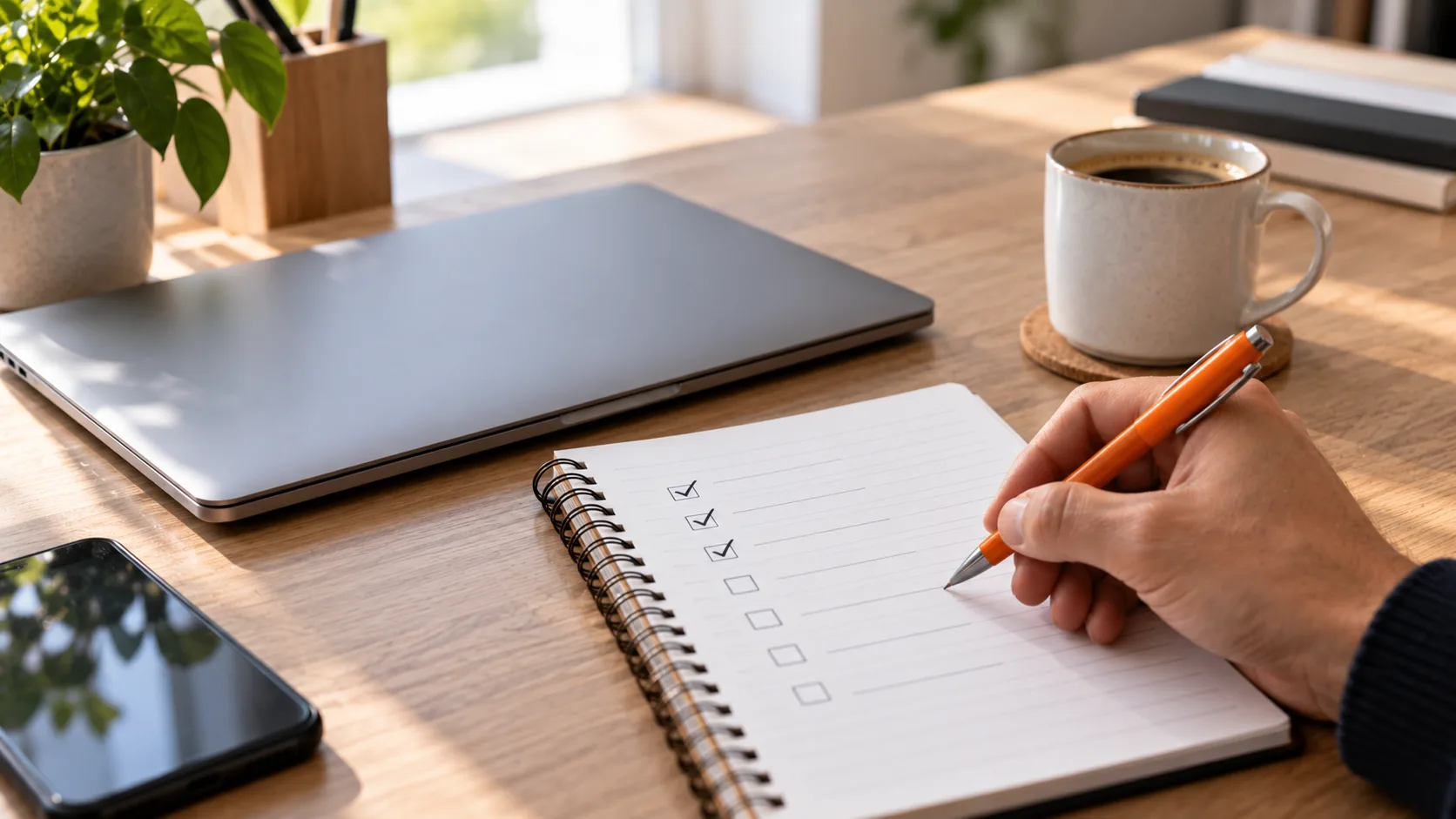 Een hand zet met een oranje pen vinkjes op een lijstje in een nieuw notitieboek, naast een dichtgeklapte laptop en een kop koffie.