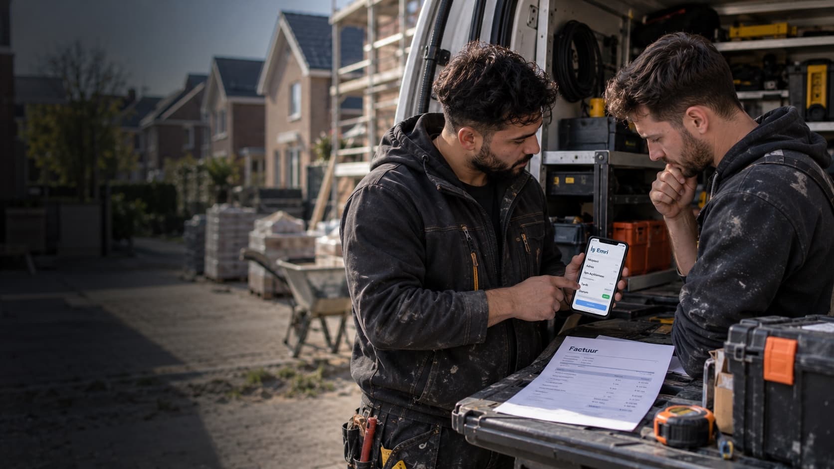 Twee monteurs kijken naar een telefoon met een werkbon in het Turks; op de bus ligt een Nederlandse factuur.