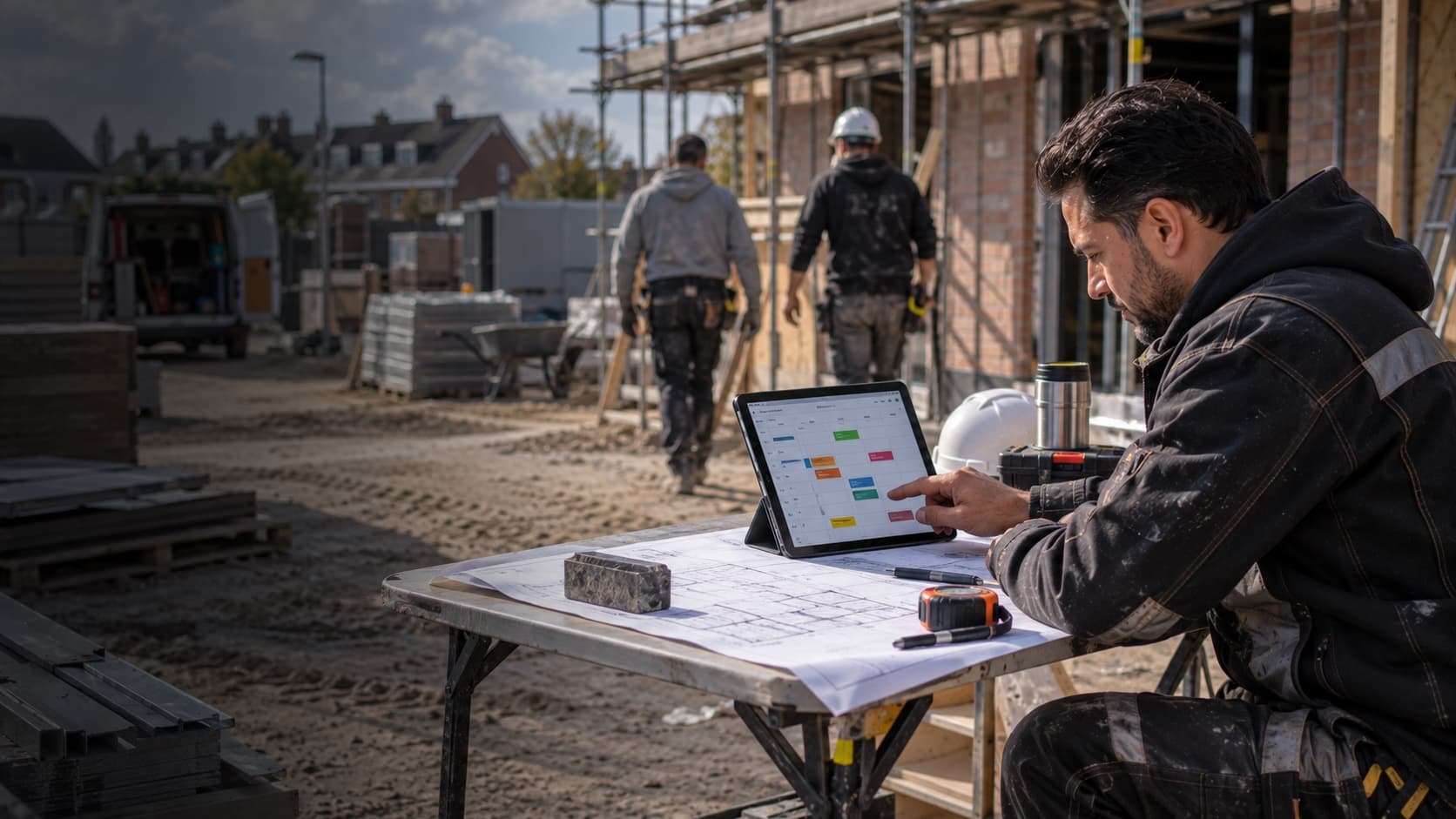 Een uitvoerder bedient een tablet met weekplanning op een klaptafel op de bouwplaats; achter hem lopen twee collega's.