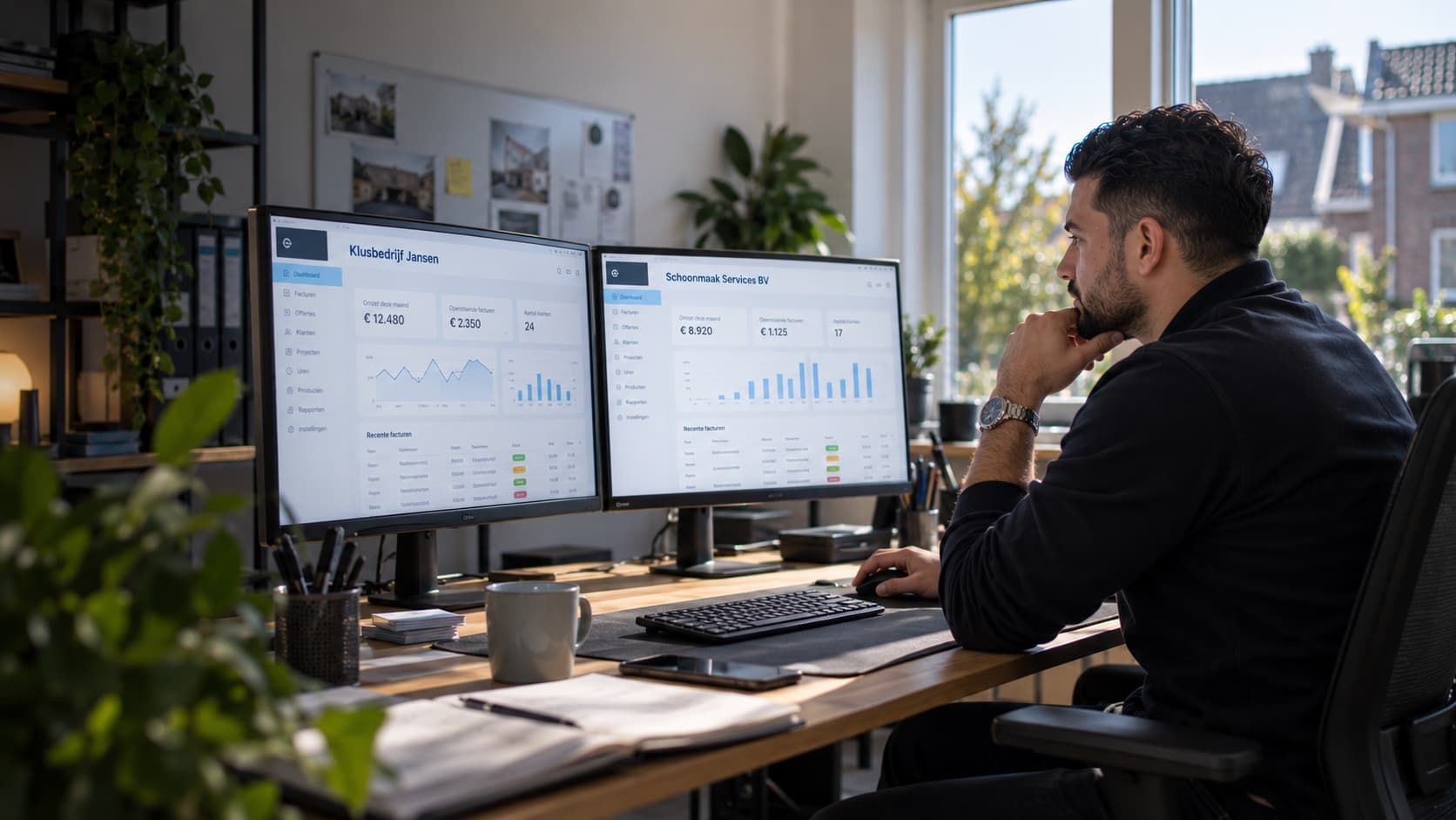 Een ondernemer kijkt naar twee schermen met de dashboards van twee verschillende bedrijven.