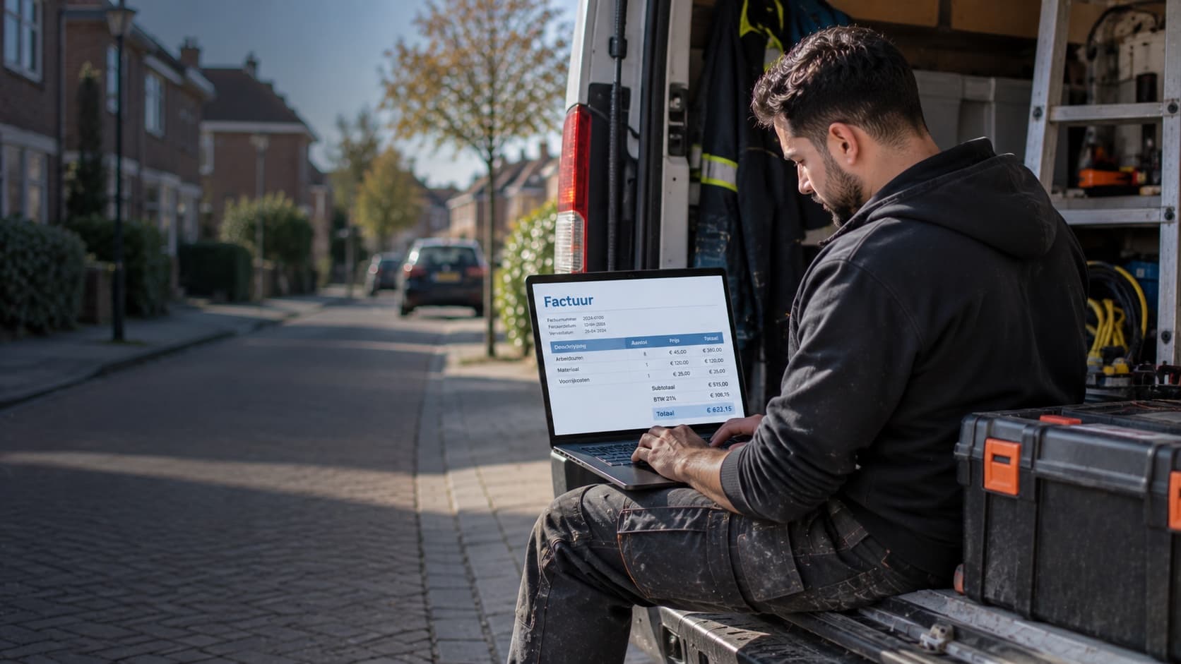 Een zzp'er zit op de laaddrempel van zijn bus met een laptop waarop een factuur staat.
