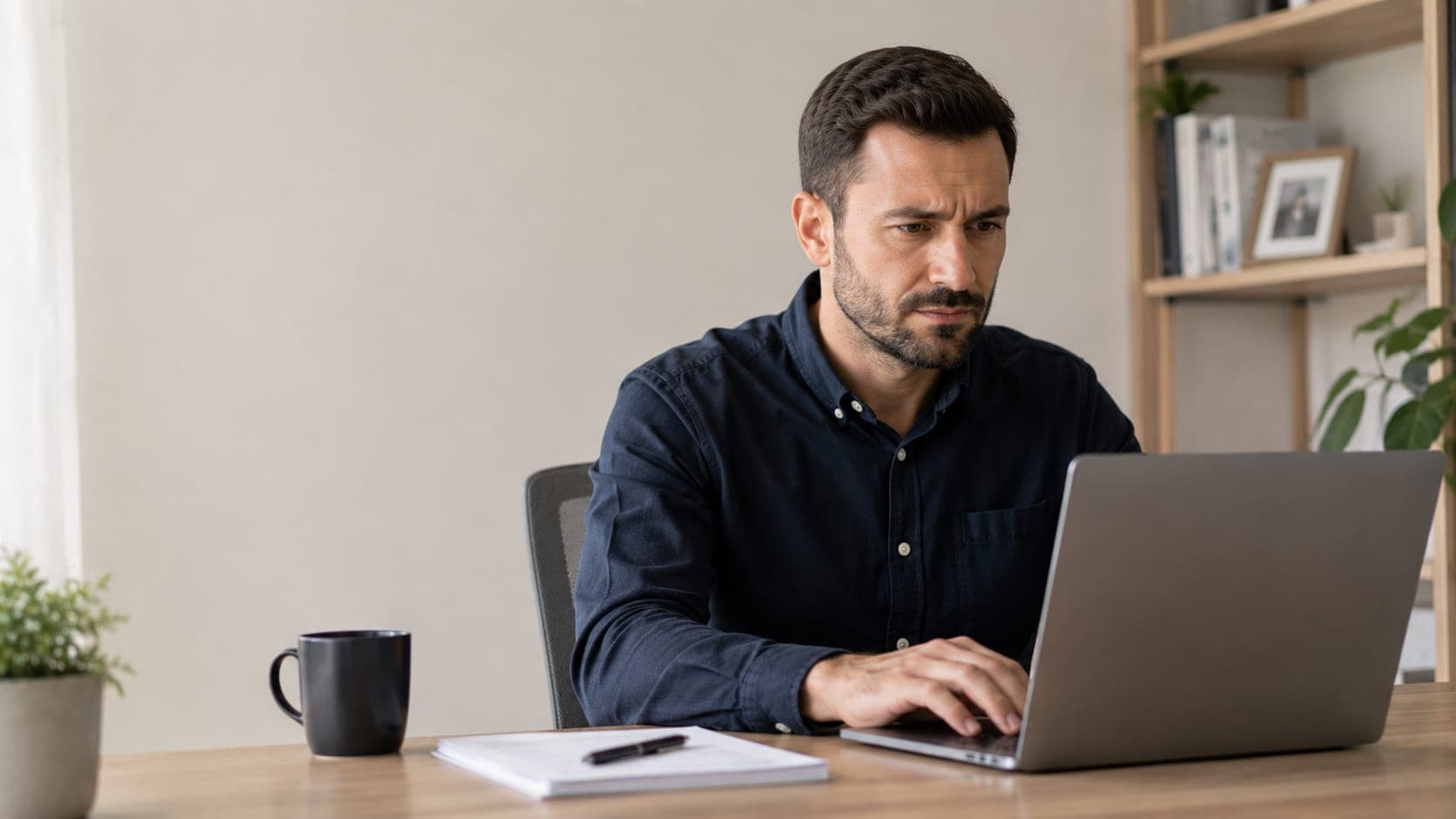 Een man in een donkerblauw overhemd typt geconcentreerd op een laptop aan een bureau.