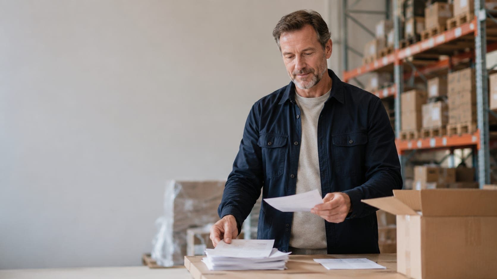 Een man sorteert een stapel facturen op een werkbank in een magazijn met stellingen.